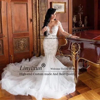 2021 Couture Mermaid Gelinlik Lüks Dantel Boncuk Mahkemesi Tren Gelin Gelinlikler Sheer Boyun Plaj vestidos de novia