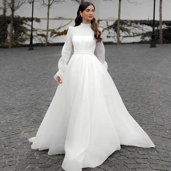 Eightre Beyaz Gelinlik Yüksek Boyun Uzun Kollu gelinlik A-Line Kat Uzunluk Prenses Düğün Akşam Balo elbisesi Artı Boyutu