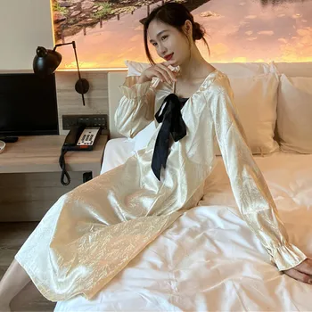 Fdfklak Buz İpek Gecelik kadın İlkbahar Sonbahar Gece Gömlek Uzun Kollu Gecelikler Moda Pijama uzun elbise Yay İle