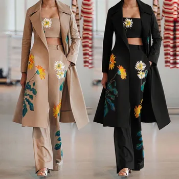 Kadınlar Uzun Trençkot Kadın Setleri kadın Sonbahar Kış Yeni Moda Mizaç Baskı Çiçek Rüzgarlık Geniş Bacak Pantolon Takım Elbise