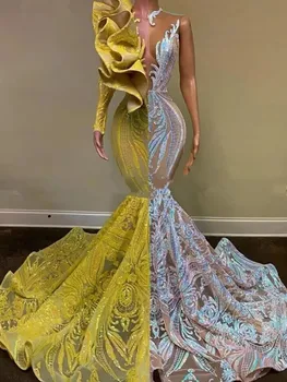 Kontrast Renk Sarı Mermaid balo kıyafetleri Siyah Kızlar İçin Uzun Kollu Ruffles Pullu Afrika Akşam Mezuniyet Gala Törenlerinde