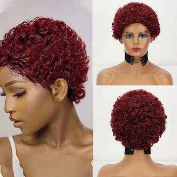 Kırmızı Sentetik Peruk kısa insan saçı Peruk Siyah Kadınlar için Brezilyalı Kıvırcık Kıvırcık Peruk Günlük Kullanım için