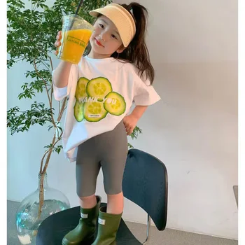 MİLA CHOU 2022 Yaz Bebek Kız Pamuk Salatalık T-shirt + Köpekbalığı Pantolon 2 Adet Takım Elbise Çocuk Rahat O-boyun Kısa kollu Tee Çocuk Seti