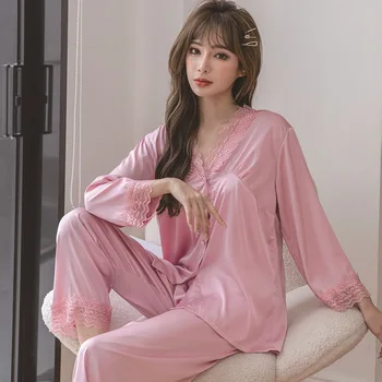 Pembe Kadın 2 ADET Pijama Setleri Seksi Dantel Trim V Yaka Gömlek Pijama takım elbise M-XL Gelin İç Çamaşırı Pijama Rahat Ev Kıyafeti
