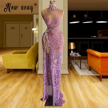 Robe Soiree Pembe Yan Bölünmüş Akşam Elbise Zarif Yüksek Boyun Kolsuz Tam Boncuklu Balo Abiye Kadın Resmi Elbiseler Custom Made